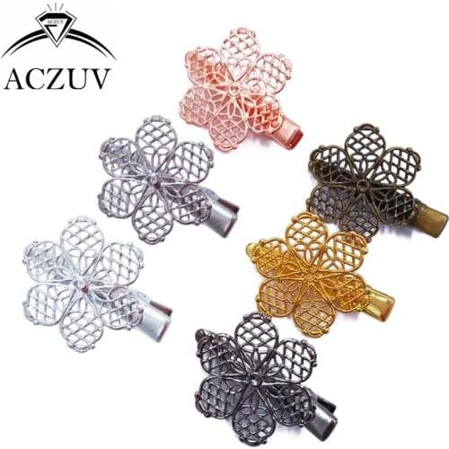 100piece 25mm Six Leaf Flower Filigree Cabochon Setting Brooch Backs Tongue Clip Hairpin Hair Clips Jewelry Findings FJT002
