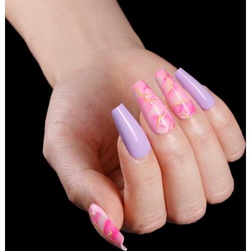24pcs Pink Dye Stereoscopic Golden Ribbon Decorative Long Style Fake Nails with Glue Fashion Square Head Finished Nail D
