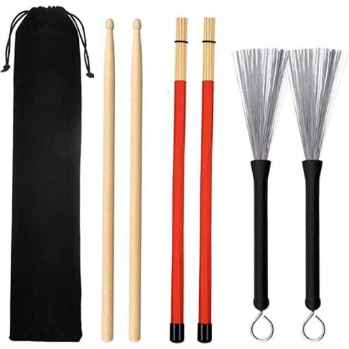 4 pieces Universal Jazz Drumsticks Set Includes 5A Maple Drumsticks Bamboo Steel Wire Brushes and Velvet Bag