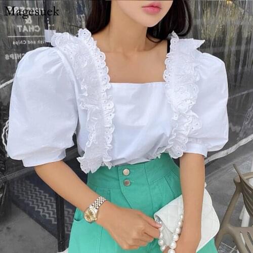 Sweet Square Collar Puff Short Sleeve Ruffled Blouse Women Korean Chic White Crochet Womens Shirt Vintage Summer Tops New 14319