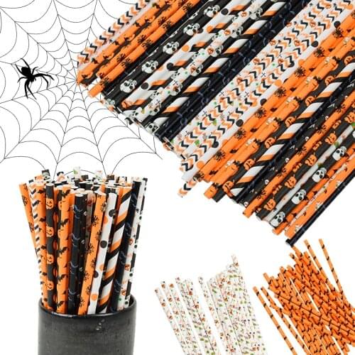 25pcs Halloween Party Paper Straws Skull Pumpkin Bat Ghost Disposable Drinking Straws Happy Halloween Decoration Party Supplies