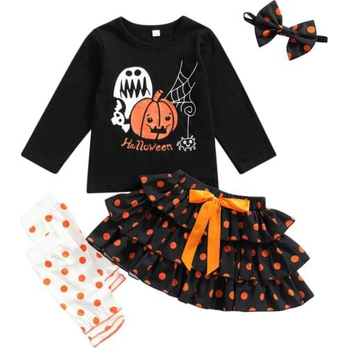 Little Girl’s Babys Clothes Four Piece Suit Cute Halloween Print Tops Dot Skirt With Headband Leg Warmer Childrens Clothing