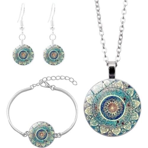 Women Glass Cabochon Pendant Mandala Necklace Vintage Bracelet Earrings Jewelry Set Elegant Party Gift