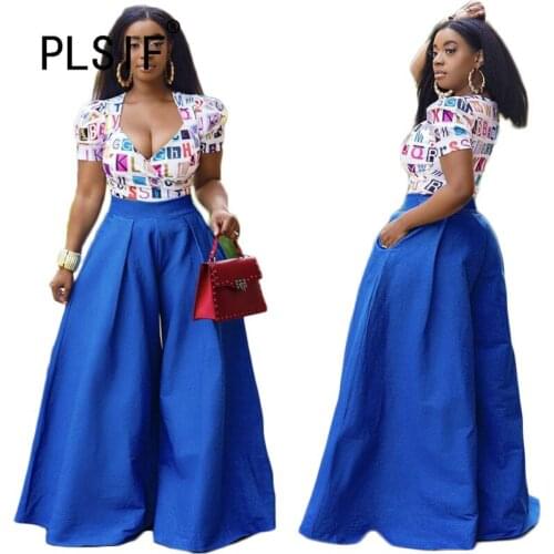 European Design Women Sexy Long Pant Blue Sexy High Waist Wide Leg Pant Loose Trousers