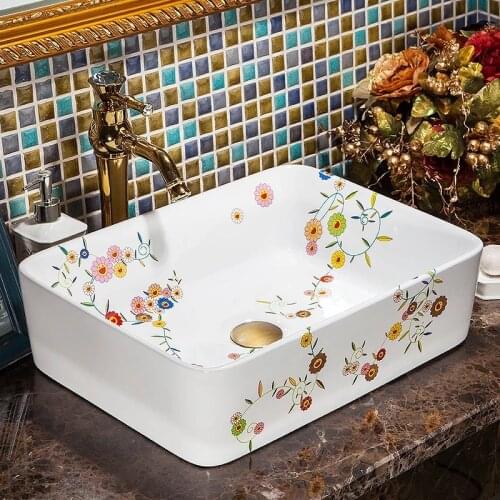 Rectangular shape rural flower painted beautiful ceramic wash sink