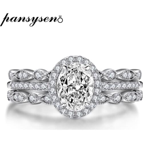 PANSYSEN 3pcs 9K Real White Yellow Rose Gold Ring Oval Cut Sona Diamond Engagement Rings Wedding Bridal Sets Luxury Fine Jewelry