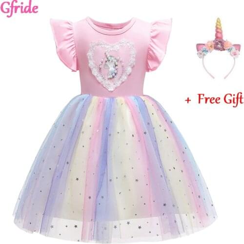 Flowers girl Unicorn Costume rainbow pony wedding party dress Kids fancy birthday party Unicorn role dance performance dress