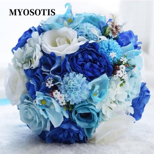 Beautiful Blue White Color Bridal Bridesmaid Flower wedding Bouquet Artificial Flower Rose Marriage Hand Accessories