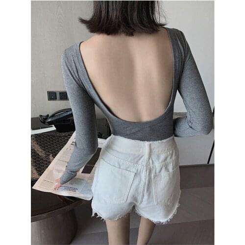 Tight Open Back Crop Top Spring Autumn New Slim Long Sleeve T-shirt With Sexy T Back Bottoming Shirt Women Tshirt Vogue Tees