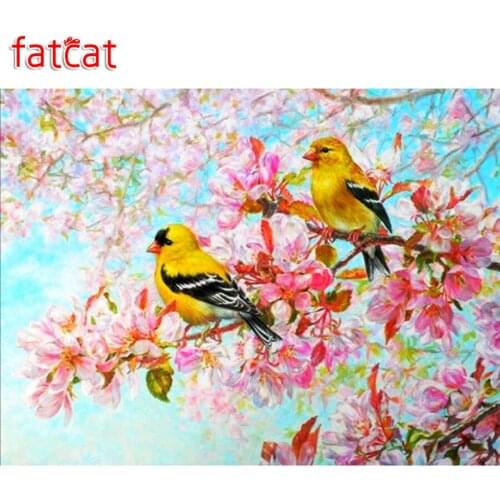 FATCAT 5D DIY diamond painting Cross Stitch Yellow birds pink flower full Diamond Embroidery sale Animals painting decor AE678