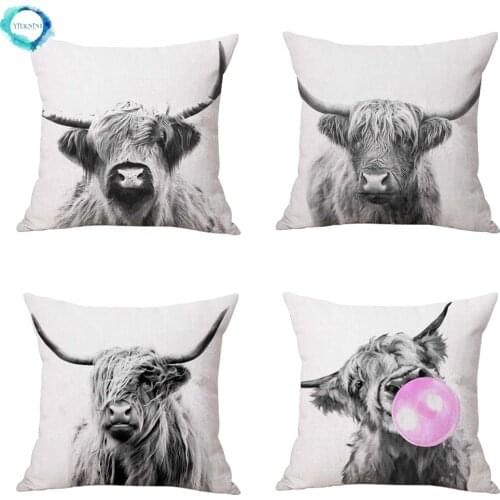 Highland Cow Cattle Cotton Linen Pillow Cushion Cover Pillow Case Home Sofa Throw Pillow Cover Bed Car Decor 45X45CM