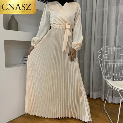 New Arrivals Elegant Modest Wear Silk Big Pleated Maxi Long Sleeve Abaya Women Satin Muslim Dress Islamic Turkeey Fashion Duabi