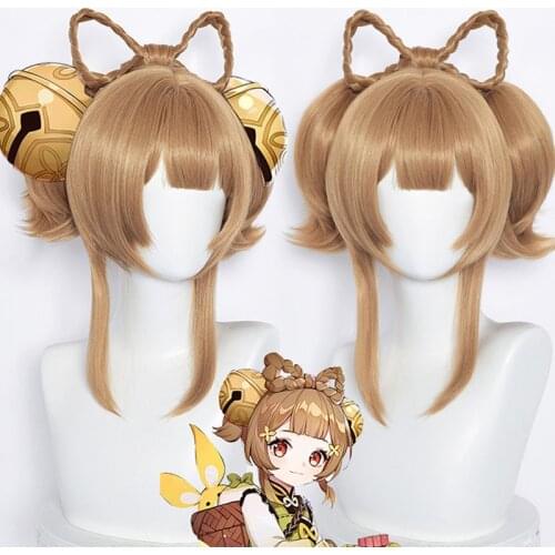 Aниме Game Genshin Impact Kamiri Yaoyao Cosplay Wig Golden Short Hair Cute Loli Girl Adult Ladies Headdress Bow Ponytail парик