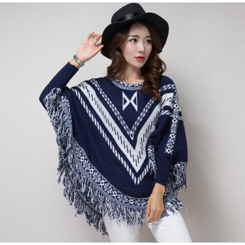 Women Knitted Bat Sleeve Tassel Cloak Shawl Office Lady O-neck Casual Elegant Geometric Free Size Pullover Sweater