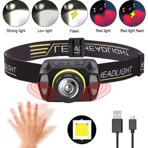 Super Bright XPG LED Headlamp Infrared Sensor Rotatable Zoom Headlight 5 Gears Waterproof Lantern Built-in Rechargeable Battery