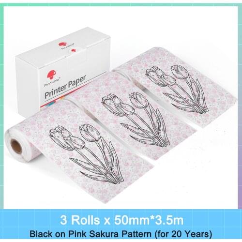 Adhesive Thermal Paper Pattern Sticker 20-Year Long-Lasting Sakura Thermal Paper for Phomemo T02 Pocket Printe 3 Rolls 50mm*3.5m