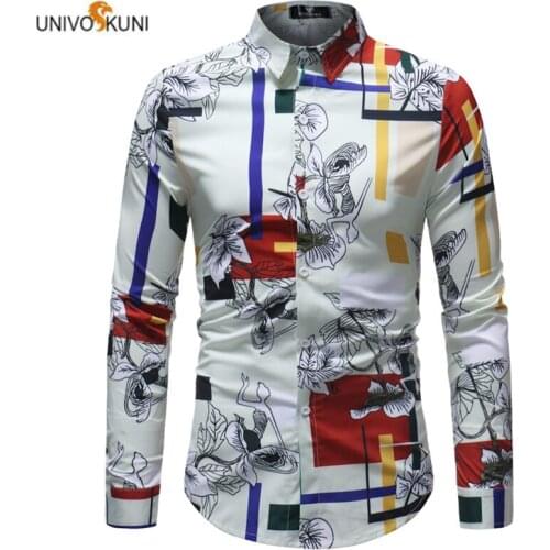 UNIVOS KUNI 2019 Men Shirt Printing Casual Design Slim Fit Dress Suit Hawaii Brand Wild Long-Sleeved Big Size 5XL Q6057