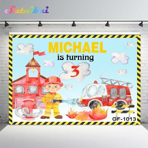 Cartoon Firefighter Fire Engine Hydrant House Happy Birthday Custom Photo Studio Backdrop Kids Background Vinyl Photo Background