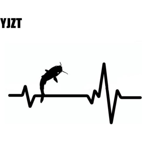 YJZT 13.4cm*6.2cm Heart Beat Line FISHING FISH CATFISH Vinyl Car-styling Car Sticker Decal Black Silver C11-0231