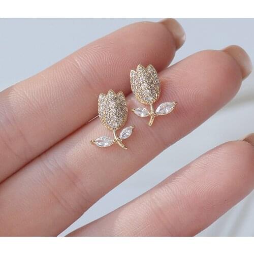 Ew Fashion Brand Delicate Jewelry 14K Gold Plated Rose Flower Stud Earrings for Women AAA Zircon CZ Cute Earrings