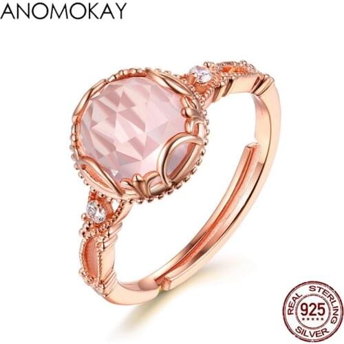 Anomokay European & American Trendy Pink Round Opal Rose Gold Color Ring for Women Engagement 925 Silver Openwork Lace Ring Gift