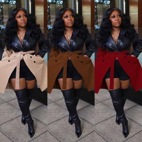 FNOCE 2021 new spring womens coats fashion trends streetwear leather patchwork long sleeve slim belt elegant eye catching coats