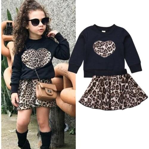 2pcs Cotton Full Sleeve Toddler Kids Baby Girl Autumn Clothes Leopard Tops Dress Skirt Outfits Set 1-6 Years