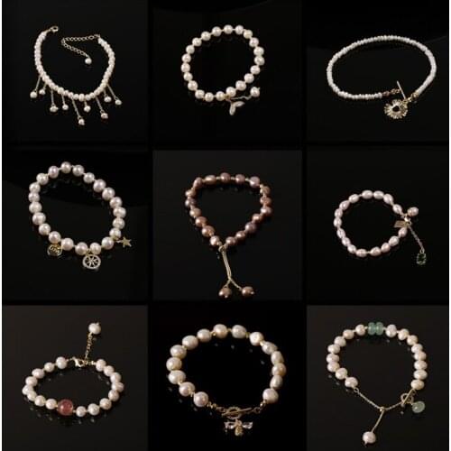 2021 Elegant Baroque Natural Pearl String Bracelet For Woman Luxury Zircon Bee Pendant Bracelet Fashion Girls Sweet Jewelry