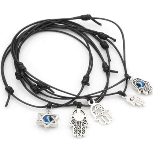 5pcs Mixed Kabbalah Hamsa Hand Star of David Charms Black color Wax rope Adjustable Bracelets S112L36