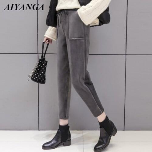 Black Gray Thicken Fleece Warm Pants For Women 2018 Winter Trousers Female Harem Pants Plus Size Casual High Waist Trousers