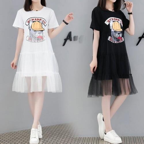 Female dresses summer new short-sleeved loose cartoon letter printing temperament O-Neck was thin mesh splicing vestidos D255
