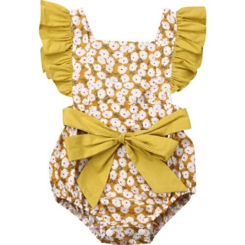 Sweet Baby Girls Floral Printed Bodysuits With Bow Knot Fashion Summer Ruffles Square Collar Soft Cotton Jumpsuits Newborn Kids