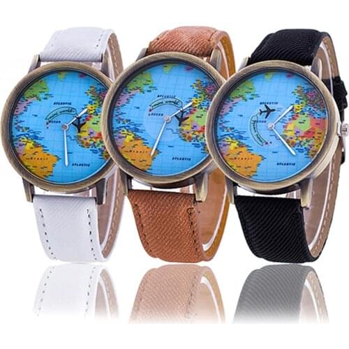 Cool Mini World Fashion Quartz Watch Men Unisex Map Airplane Travel World Women Leather Dress Wrist Watches