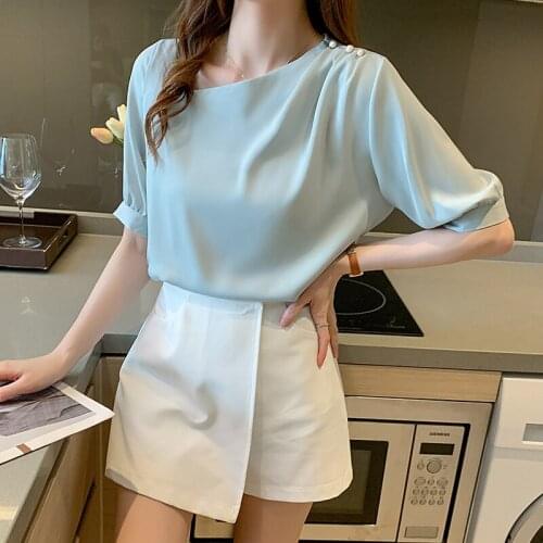 2021 Summer Korean Satin Shirt Blouse Puff Sleeve V-neck Office Lady Pullover Straight Work Wear Pink Green Tops Folds Clothes