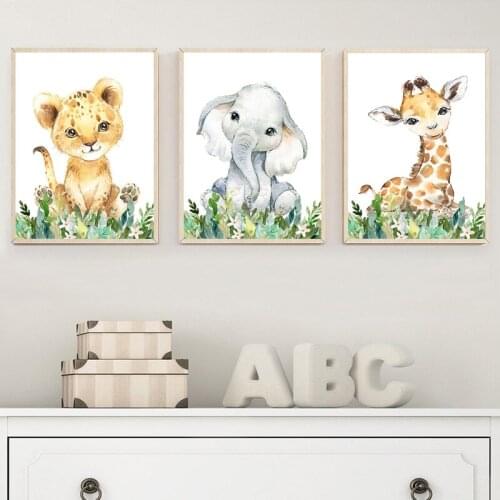 Cute Cartoon Animals Posters and Prints Plant Zebra Elephant Giraffe Canvas Paintings Nursery Pictures Children Room Wall Decor