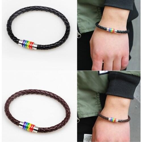 MInimalist Hand Braided LGBT Bracelet Rainbow Charm Bangle For Men Women Gay Pride Genuine Leather Wirstband Accessories Jewelry