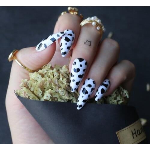 Stiletto Cow print fake nails Personality Medium Coffin false nail Acrylic UV design gel popular Black spots white Art Design