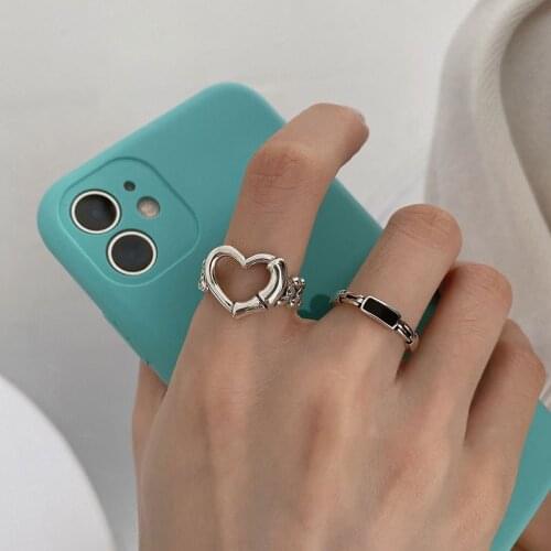 New 925 Sterling Silver Vintage Hollow Heart-Shaped Love Peach Heart Ring Black Chain Ring For Women Girls Fashion Jewelry Gift