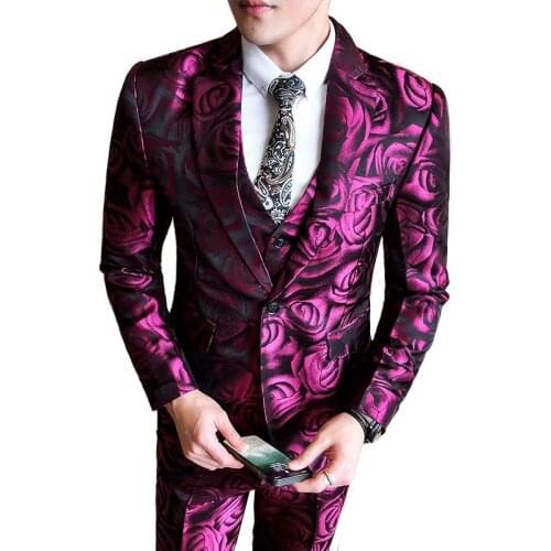 Jacket Vest Pants Suit 3 Piece Set Nightclub Banquet Floral Rose Print Slim Fashion Urban Blazers Jacket Coat Boutique S-5XL