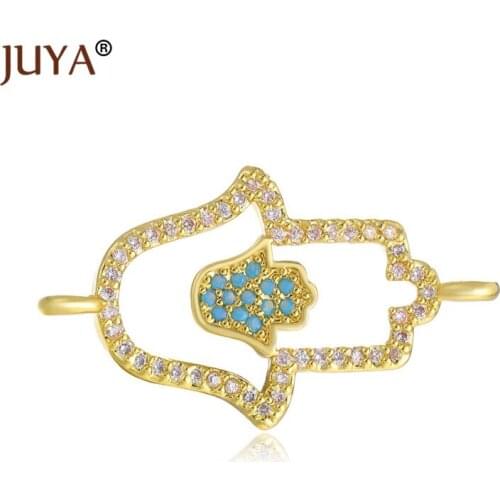 DIY Jewelry Making Supplies Copper zircon Hollow out Religious Lucky Hamsa Fatima Hand charms amulet pendant connector findings