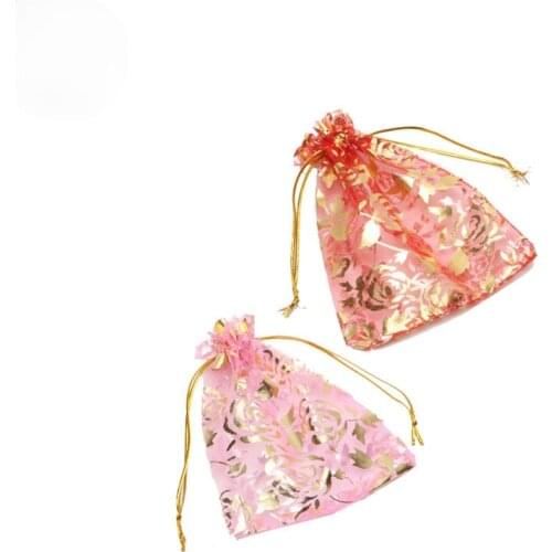 Pink Red Organza Jewelry Wedding Gift Pouch Rose Draw String Candy Birthday Party New Year Holiday Gift Bag 10Pcs/Lot