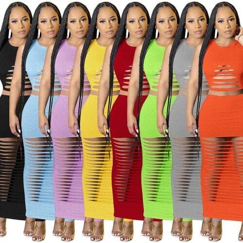 Sexy Club Style 2 Piece Sets Womens Outfits Solid Color Hollow Out Hole See Through O Neck Slim Skirt Summer Streetwear Custom