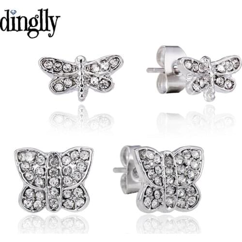 Dinglly Silver Color Dragonfly Butterfly Insect Earrings For Women Girl Friends Lovers Birthday Gift Crystal Earrings Jewelry