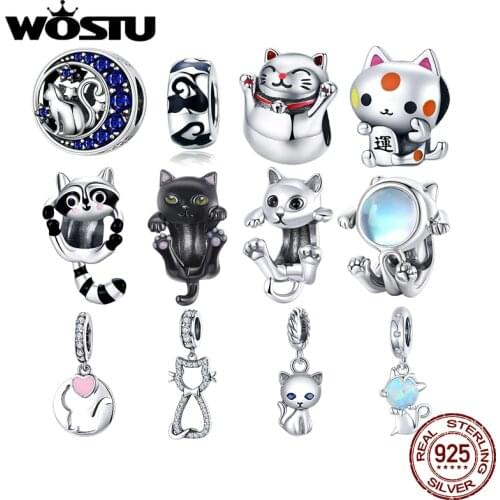 WOSTU Authentic 925 Sterling Silver Cute Cat Kitty Beads Charms Pendant Fit Bracelet Women Party Fashion DIY Jewelry Gift Making