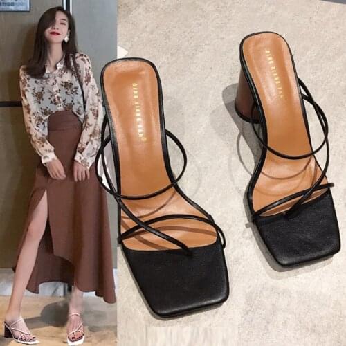 2020 Brand Summer Women Slipper Low Heel Slides Female Peep Toe Square Heel Sandal Vacation Flip Flops mujer Shoes