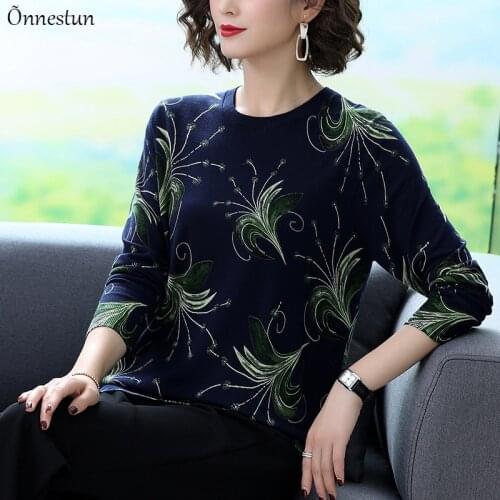 Autumn Spring Sweater Women Loose Pullover Knitted Sweater Fashion Floral Print Long Sleeve Jumper Top O-Neck Tops Sweater Women