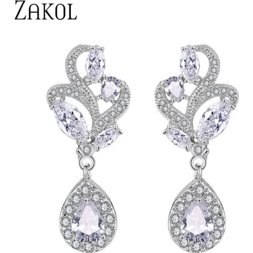 ZAKOL Elegant Marquise Stone Cluster Flower Earring Pear Shape Cubic Zirconia Dangle Earrings for Women Party Jewelry Wholesale