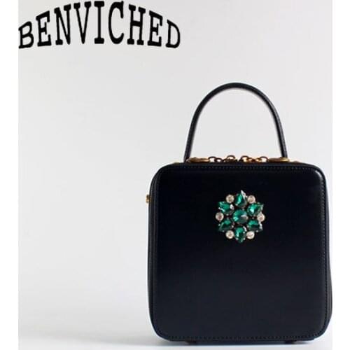 BENVICHED Ladies' Cattle leather Square bag 2021 retro fashion women zipper Diamonds handbag single shoulder bag mini bag c381