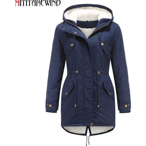 EU Size S-5XL Womens Winter Jacket Hooded Collar Wool Liner Keep Warm Winter Coat Women Drawstring Waist Cotton Female Jacket