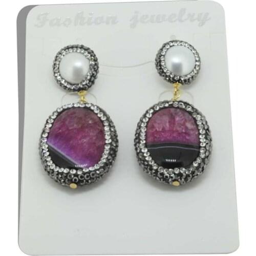 Natural Pink Nature White Pearl Geode Stone Druzy Rhinestones Water Drop Earrings for Women Statement Jewelry